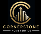 Gold logo with "Cornerstone Home Service" text and stylized buildings inside a "C" shape on black.