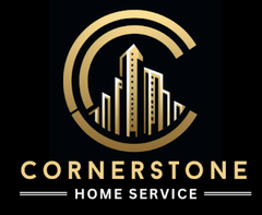 Gold logo with "Cornerstone Home Service" text and stylized buildings inside a "C" shape on black.