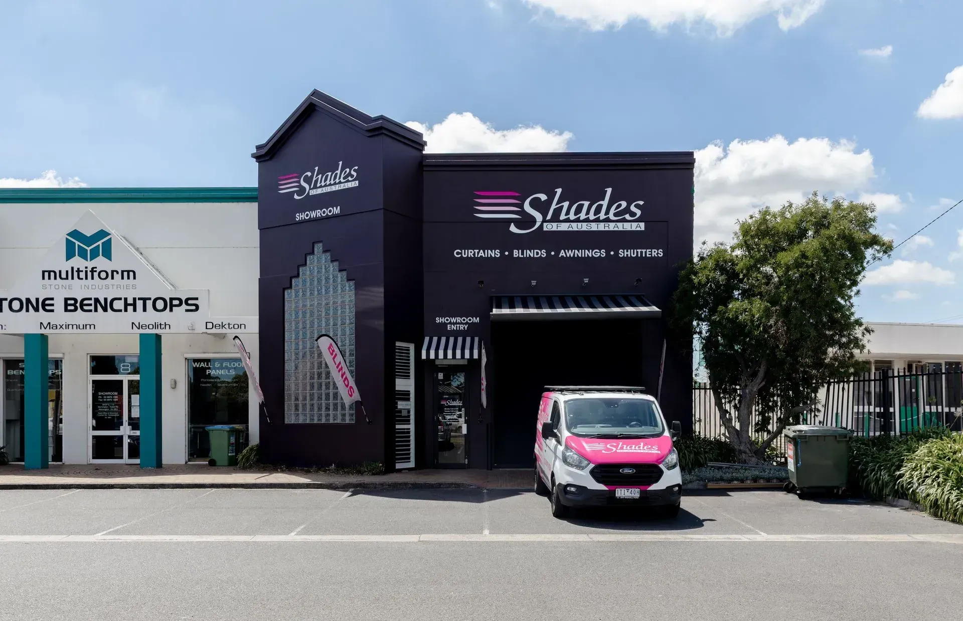 Exterior of a dark purple business, 