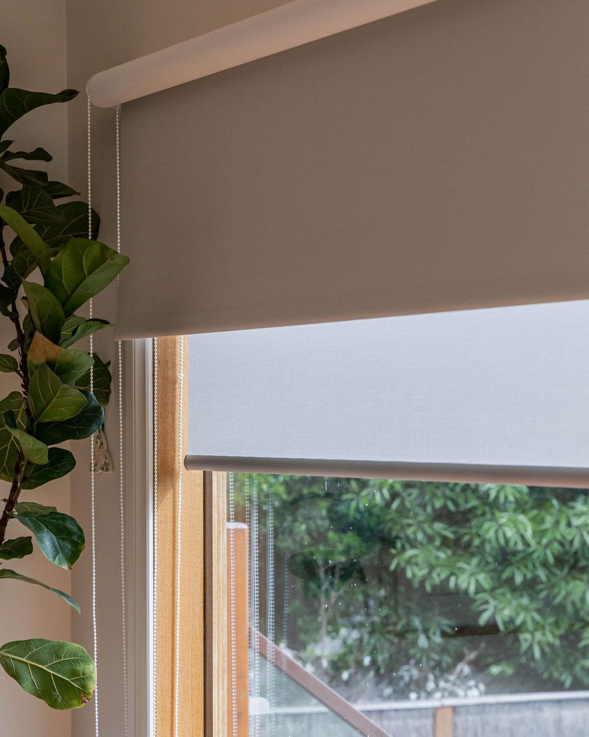 Beige and white roller shades partially cover a window with a view of greenery.