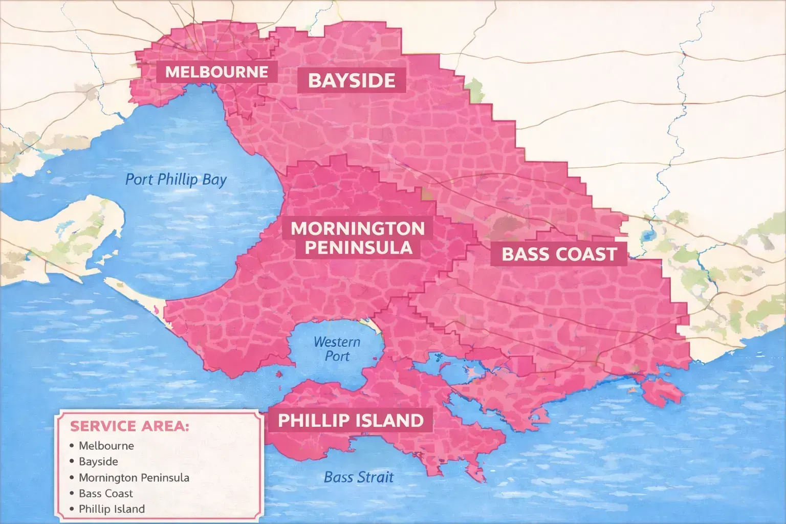 Map of Melbourne and surrounding areas, showing service areas in pink: Melbourne, Bayside, Mornington Peninsula, Bass Coast, Phillip Island.
