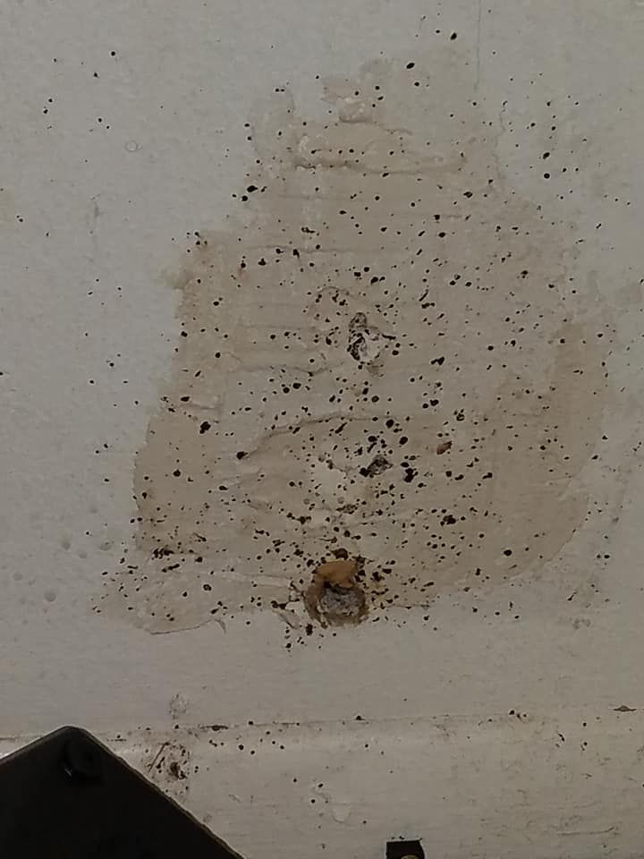 Stained white wall with scattered dark debris and a small hole.