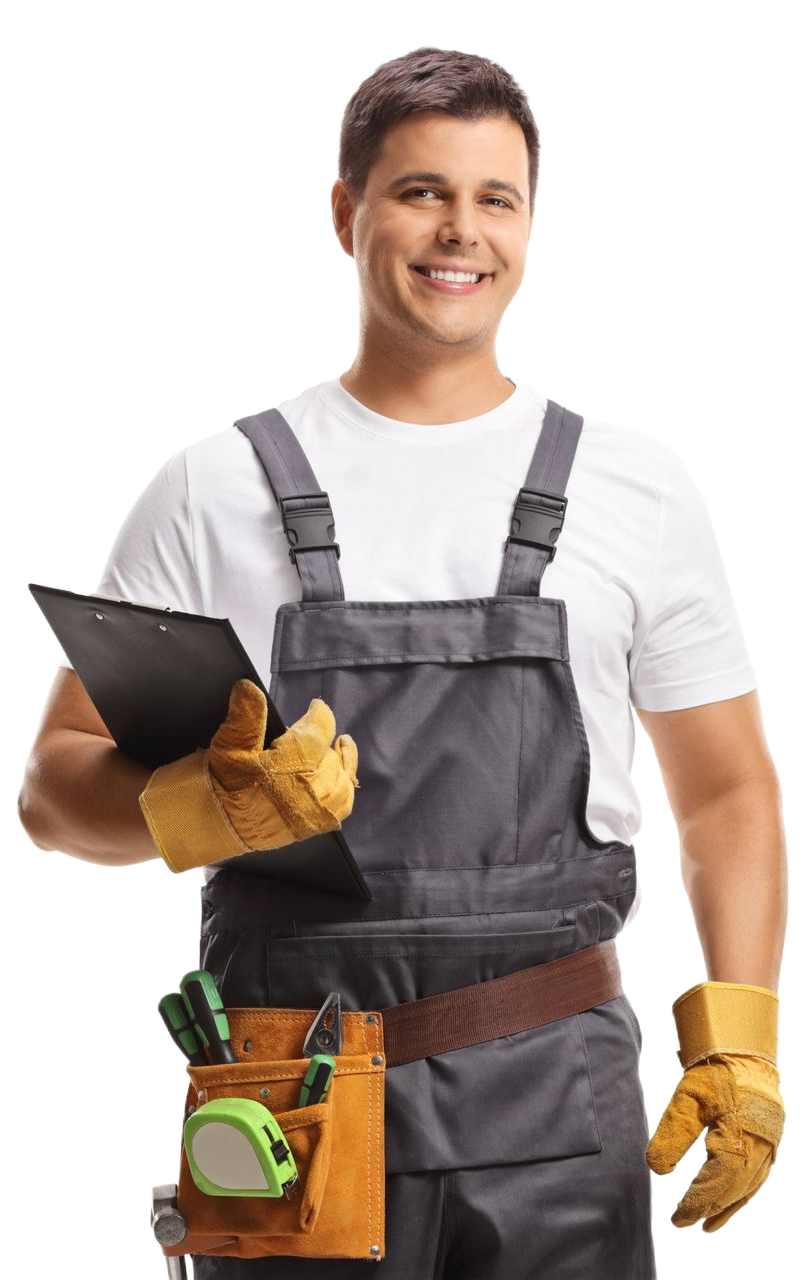 Handyman in gray overalls and yellow gloves holding a clipboard, with a tool belt and drill holster.