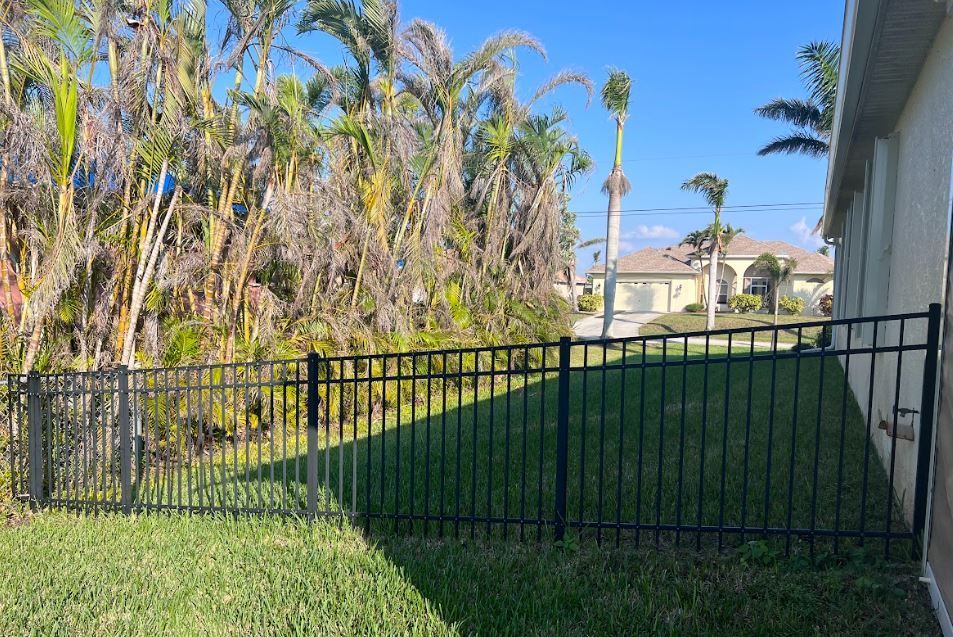 Black metal fence in a yard, with palms and a house visible in the background.