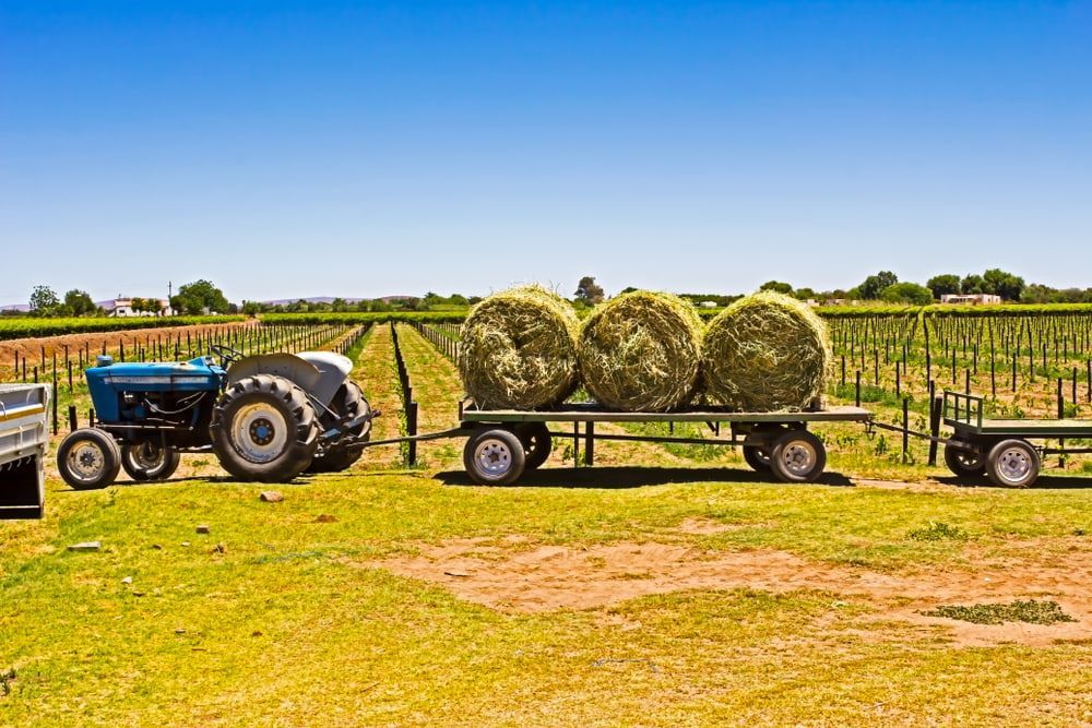 A Tractor Is Pulling A Trailer Full Of Hay Bales In A Field — Cooroy Produce In Cooroy, QLD