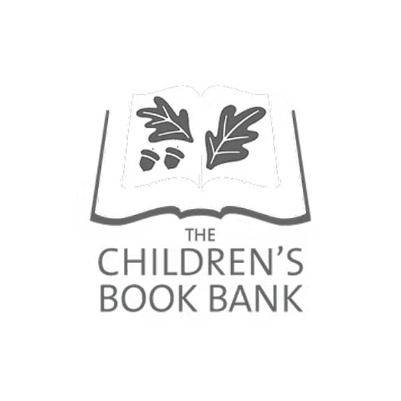 The children 's book bank logo is a black and white image of an open book with leaves and acorns.