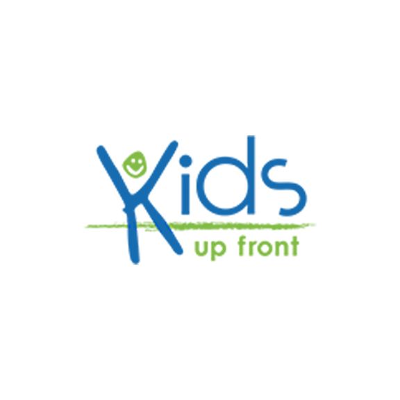 A blue and green logo for kids up front