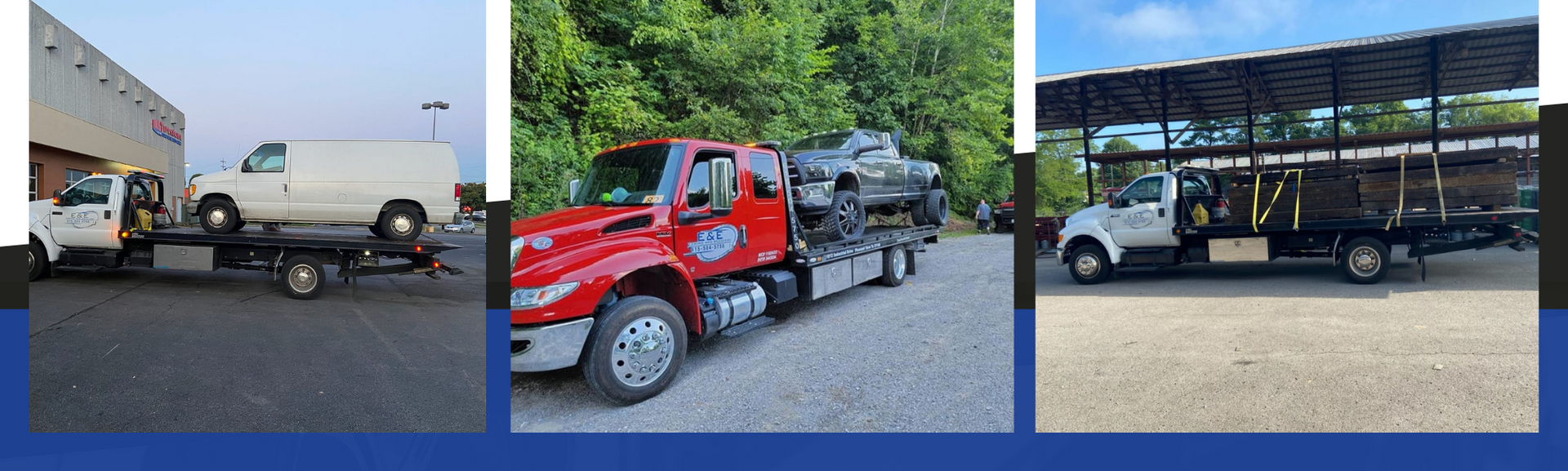 Three tow trucks, transporting vehicles in various locations, with blue background.