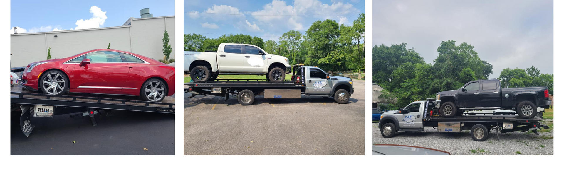 Three tow trucks with vehicles on their flatbeds: a red car, white pickup, and black pickup.