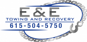 Logo for E & E Towing and Recovery, with phone number 615-504-5750. Blue and silver chain around the text.