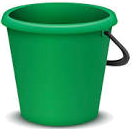 A green plastic bucket with a black handle on a white background.