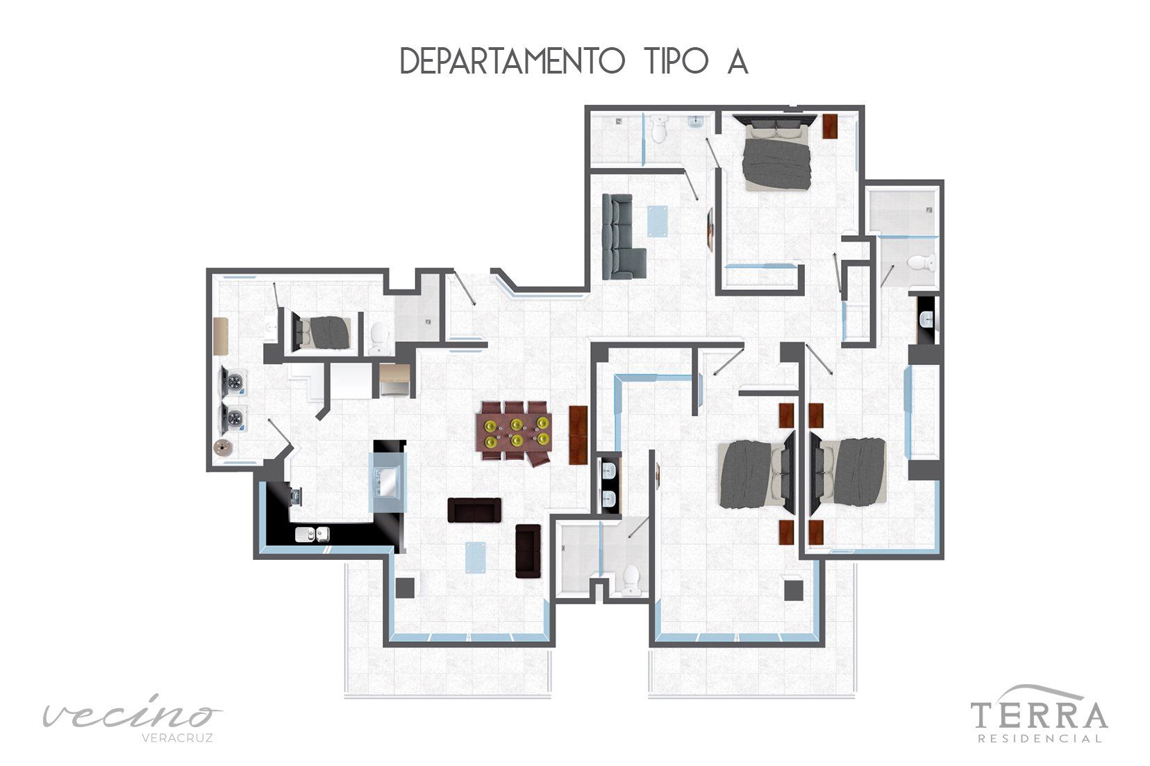 Plano de un departamento tipo A con sala, comedor, cocina, 4 recamaras y 4 baños.