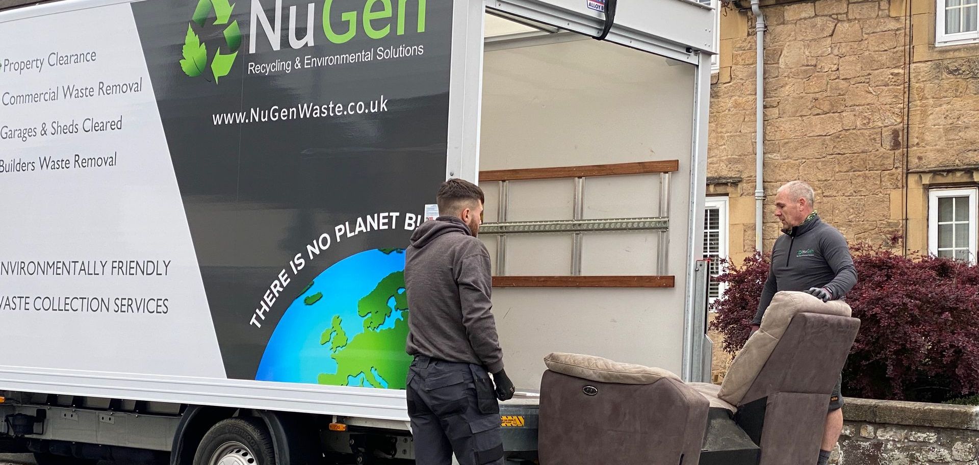 Dedicated NuGen Waste team members efficiently managing furniture removal with a commitment to safety and sustainability.