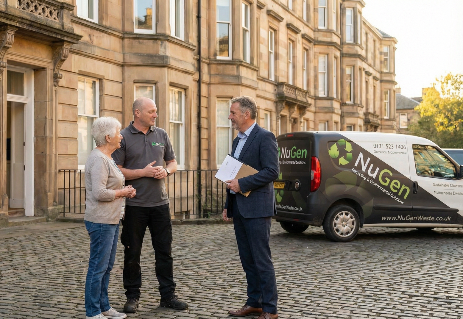 NuGen founder Andrew Irving discussing a deceased house clearance with a family member and solicitor outside an Edinburgh property