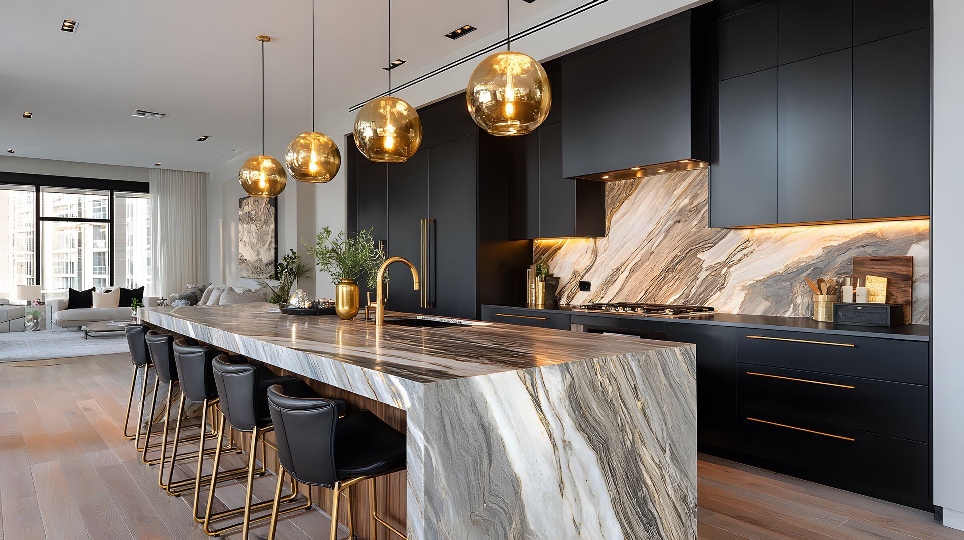 Modern luxury kitchen with marble island, black cabinetry, gold pendant lights, and bar stools