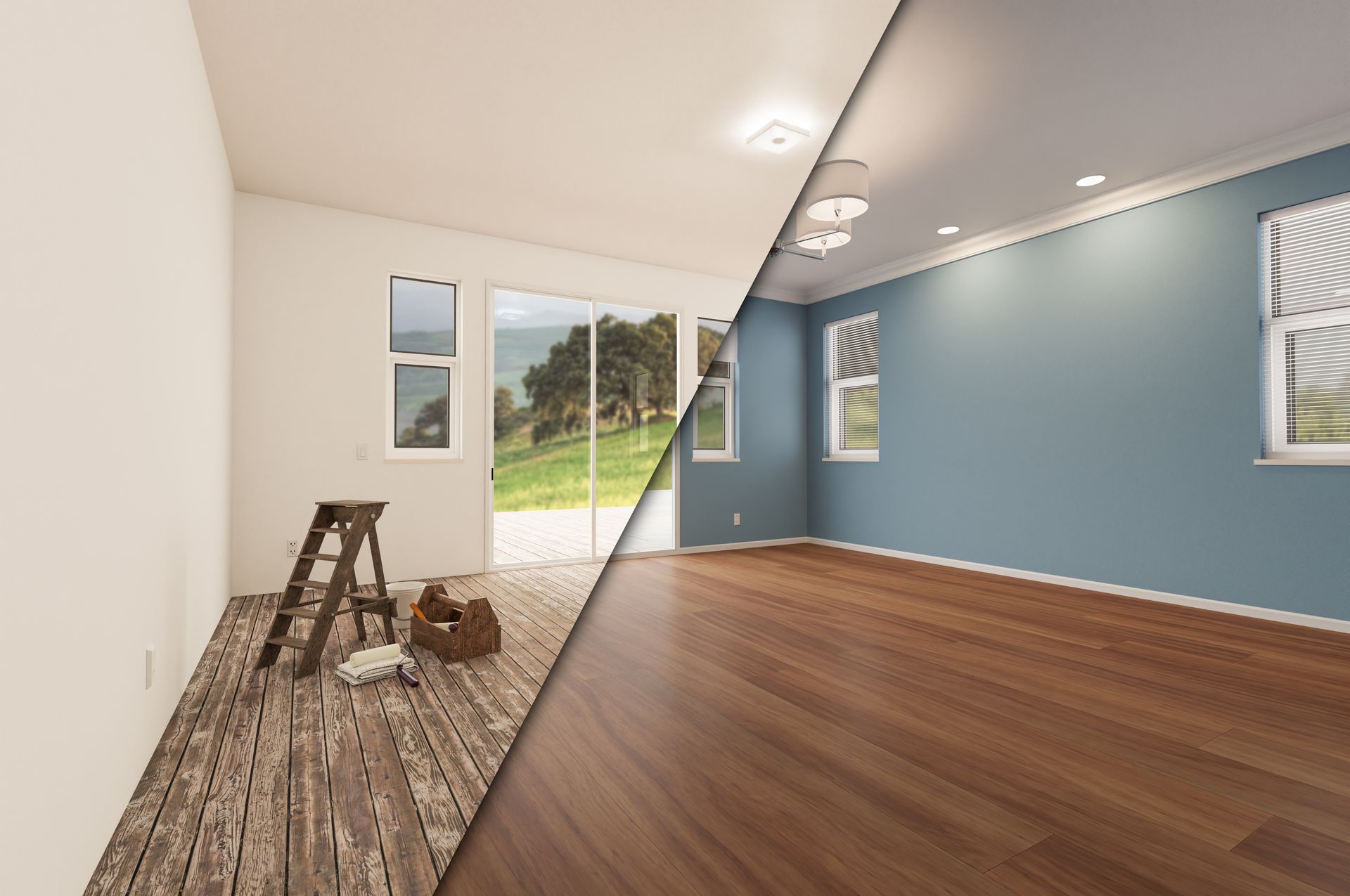 Split-view of a room renovation, showing unfinished white walls on one side and a blue-finished room on the other.