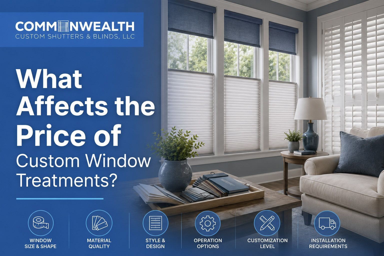 Living room with white plantation shutters and text: “Are Plantation Shutters Worth the Investment?” Living room with white plantation shutters and text: “Are Plantation Shutters Worth the Investment?”
