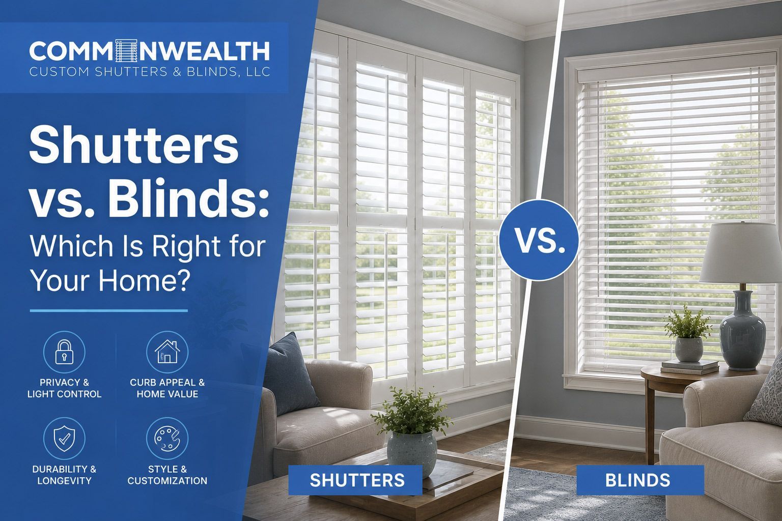 Shutters vs. blinds comparison in a bright living room, showing white shutters and beige blinds.