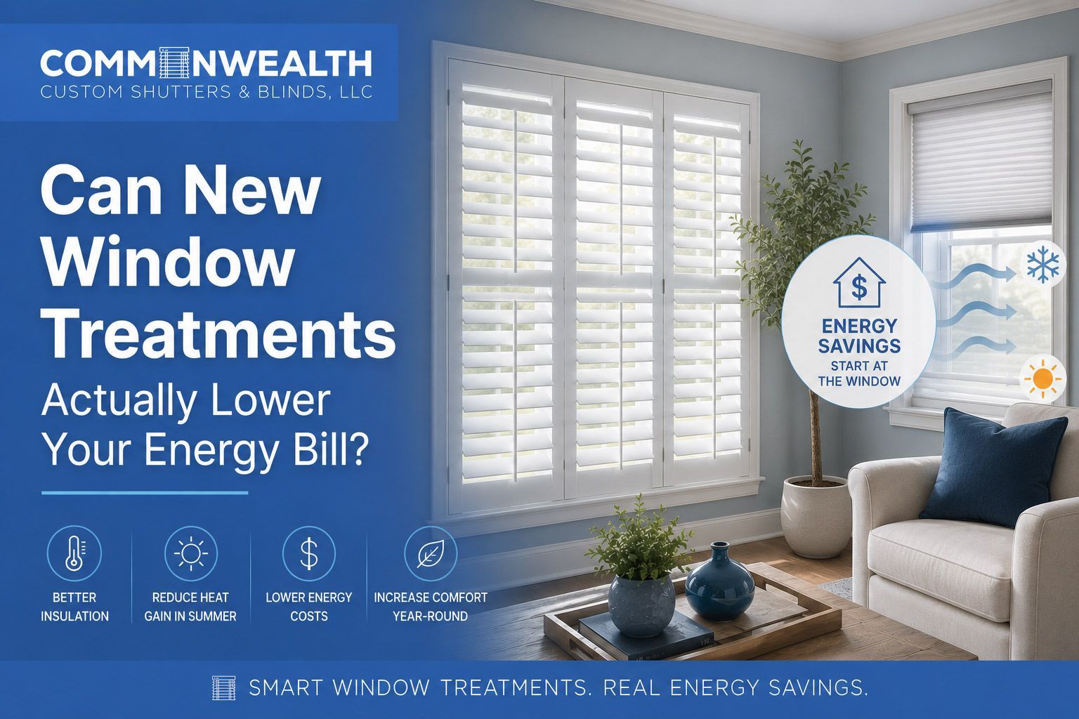 Blue ad for Commonwealth Window Treatments asking if new window treatments can lower energy bills, with bright living room window.
