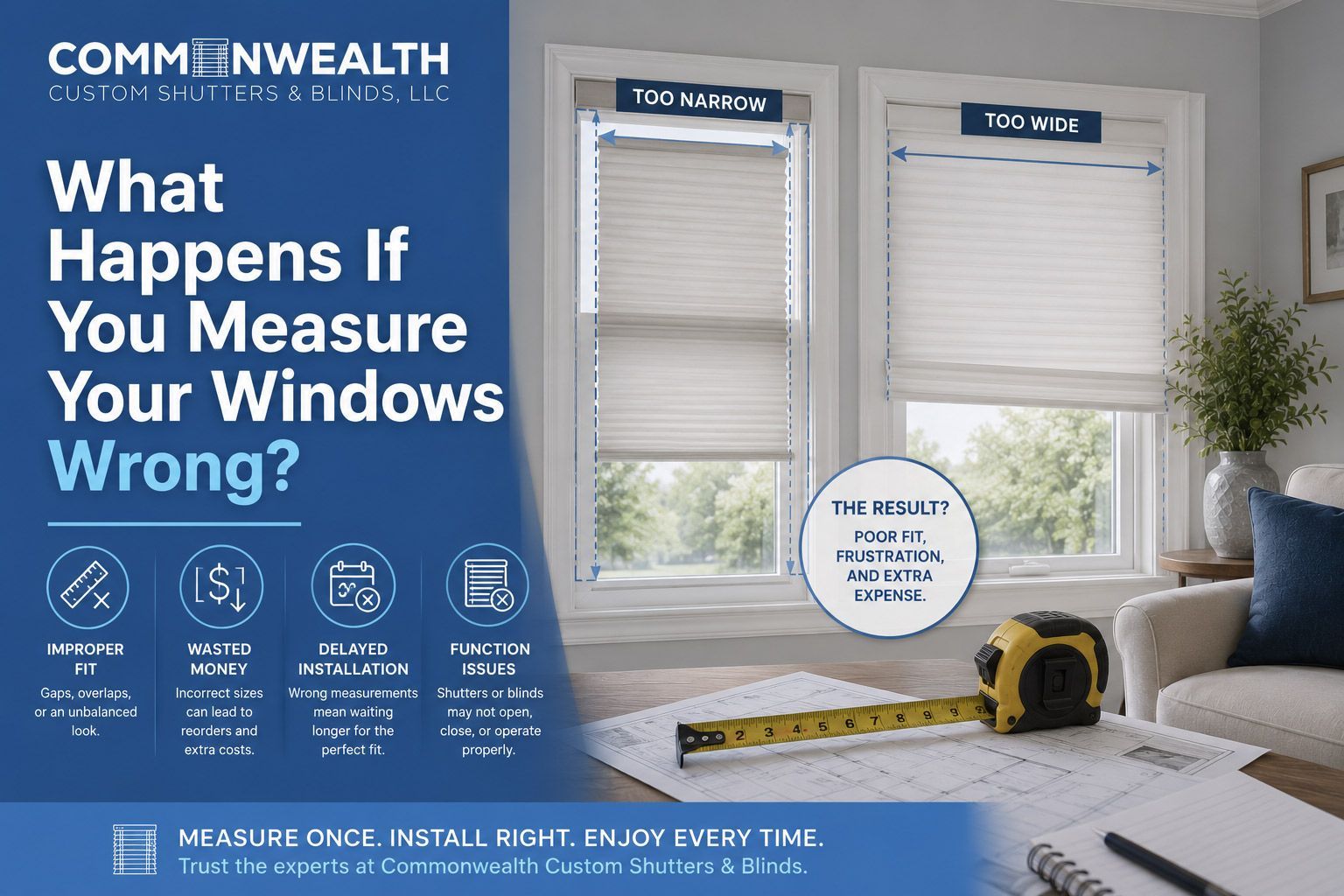 Advertisement for Commonwealth showing window measuring, with blue text panel and a bright room with blinds and tape measure