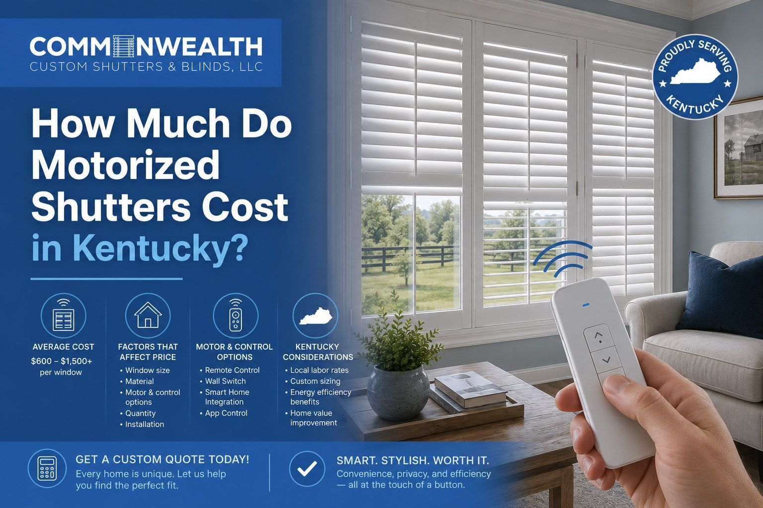 Advertisement for Commonwealth shutters, showing a living room window with white motorized shutters and a remote control.