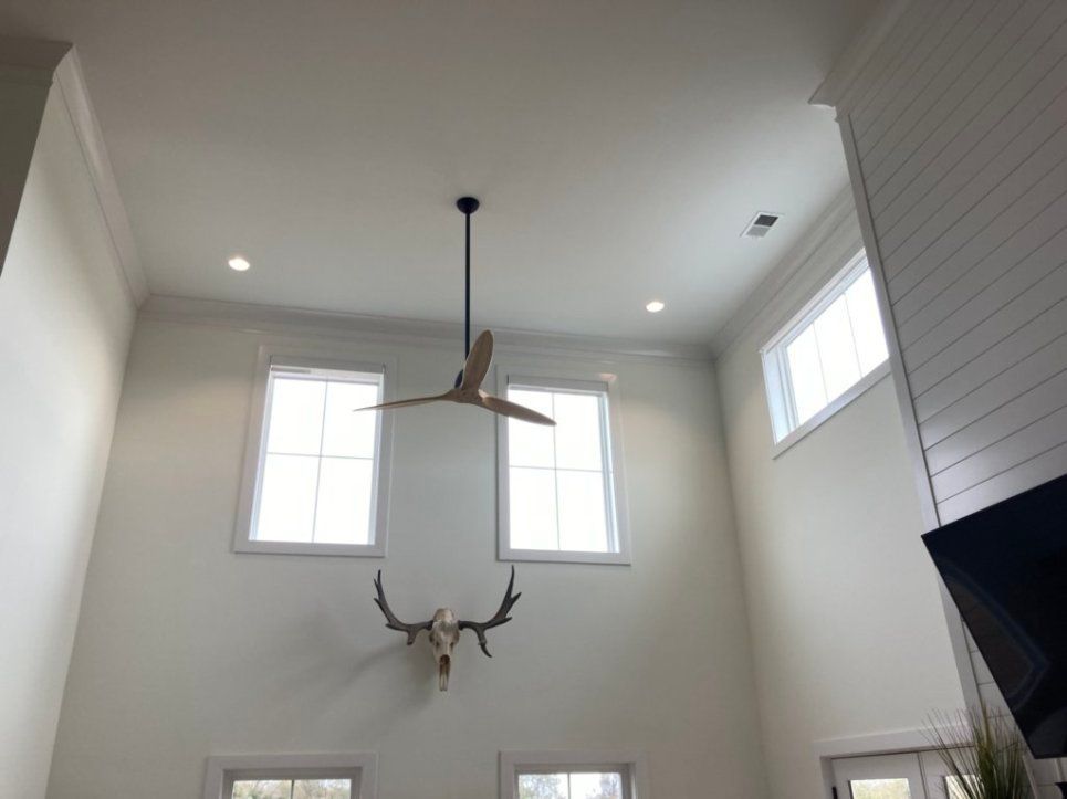 A ceiling fan is hanging from the ceiling in a room with a deer skull on the wall.