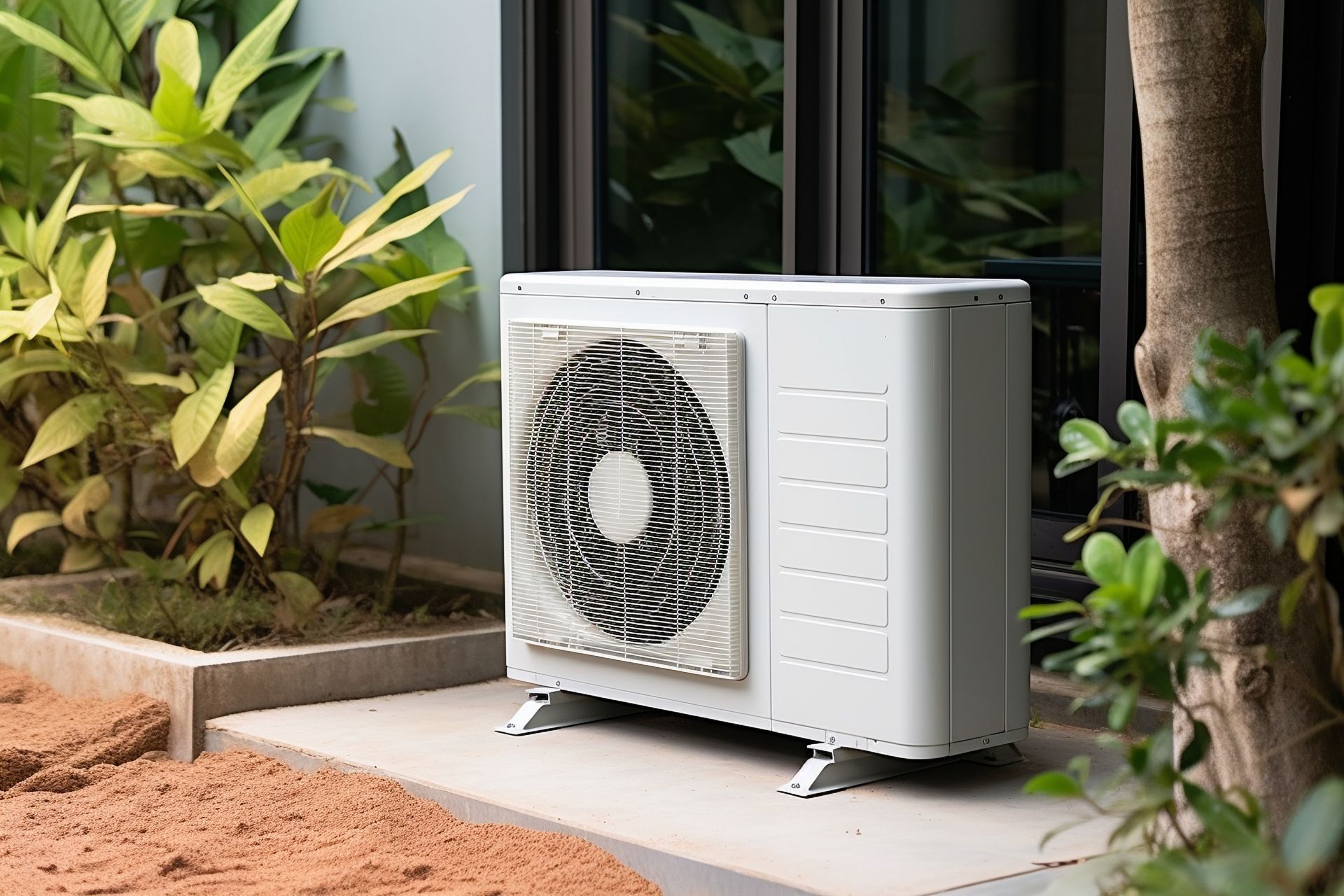 A white outdoor air conditioning unit sits on a concrete pad surrounded by plants near a building exterior.