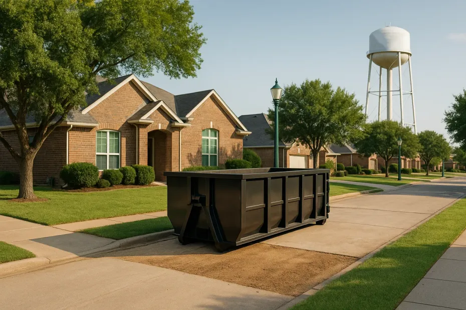 Black dumpster parked on a suburban street, near houses and a water tower.