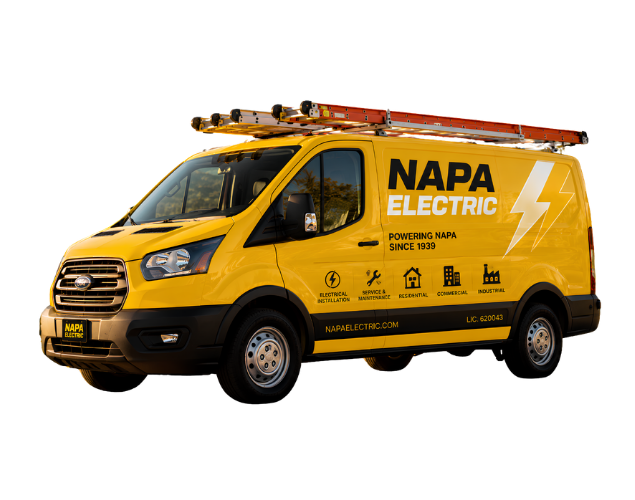 Yellow NAPA Electric service van with ladder on top, shown in side view