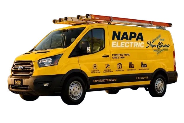 Yellow NAPA Electric service van with ladder on top, isolated on white background