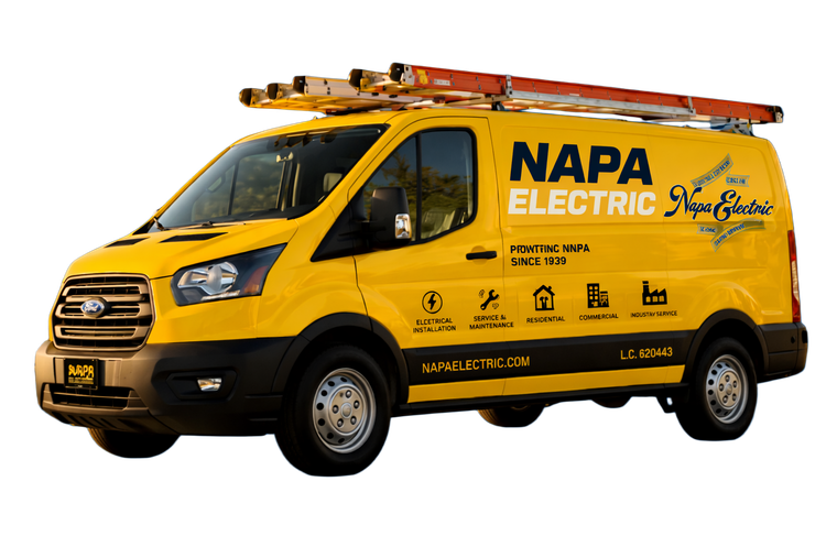 Yellow NAPA Electric service van with ladder on top, isolated on white background