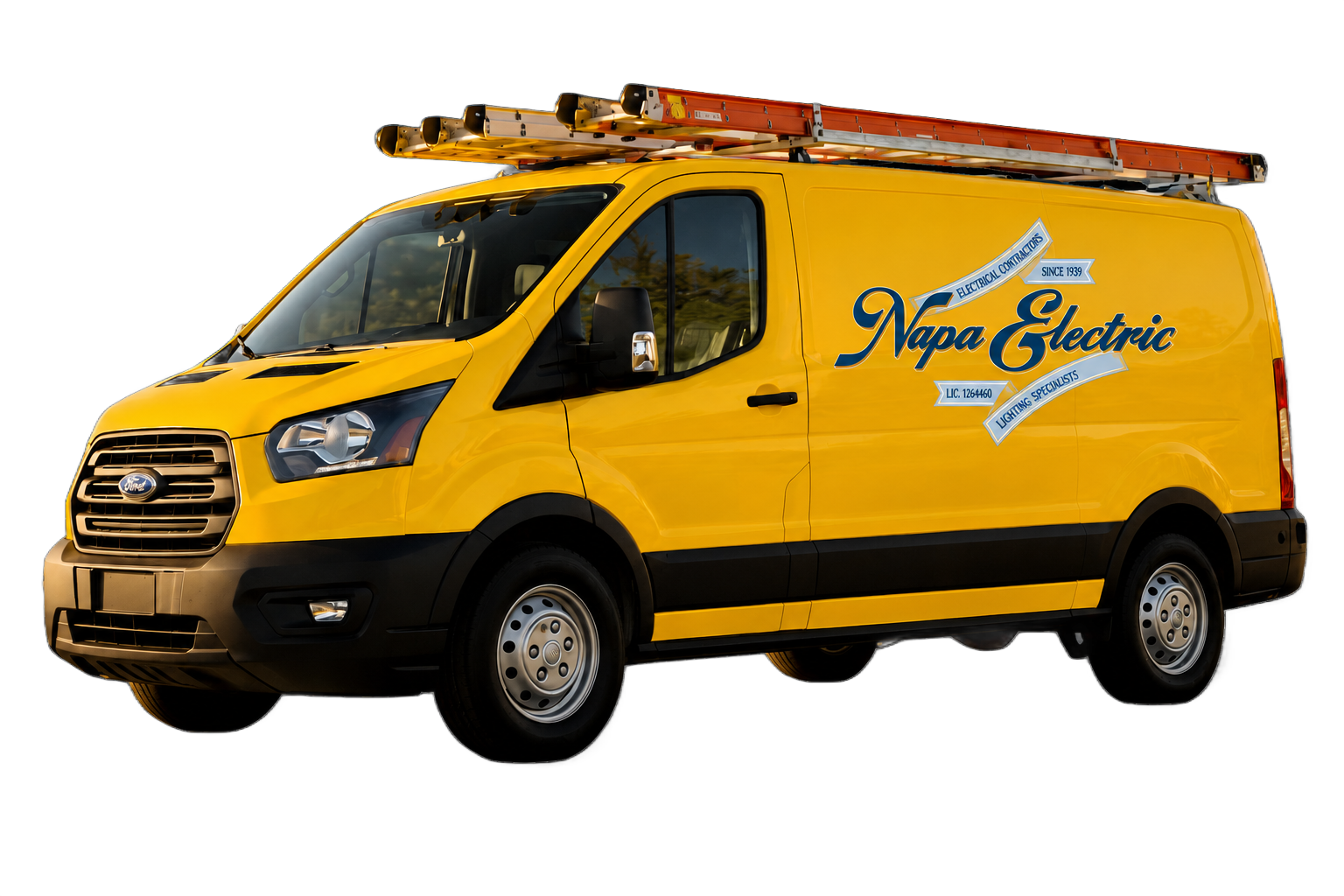 Yellow NAPA Electric service van with ladder on top, shown in side view