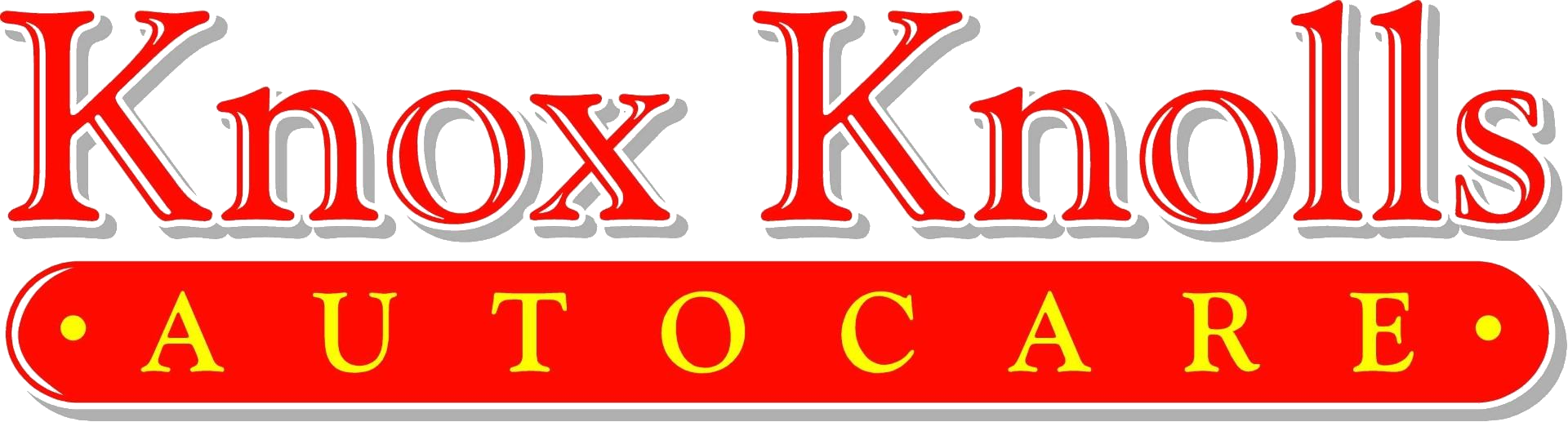 Logo for Knox Knolls Autocare featuring red text on a white background with a red banner containing yellow letters.