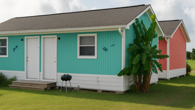 A blue and red house with a grill in front of it