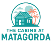 A logo for the cabins at matagorda with a house and palm trees