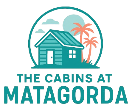 A logo for the cabins at matagorda with a house and palm trees