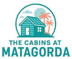 A logo for the The Cabins at Matagorda with a house and palm trees