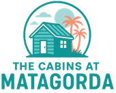 A logo for the The Cabins at Matagorda with a house and palm trees