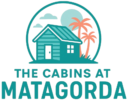 A logo for the The Cabins at Matagorda with a house and palm trees