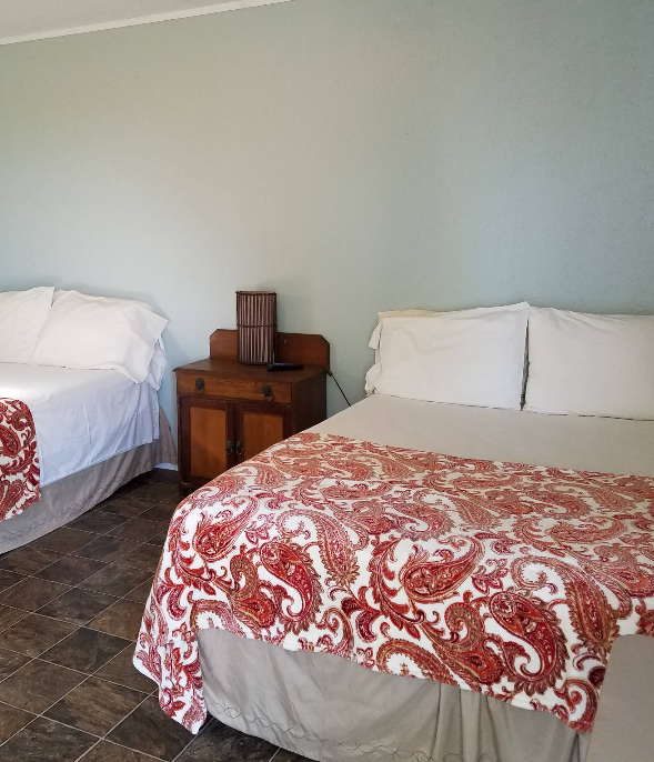 A bedroom with two beds and a picture on the wall