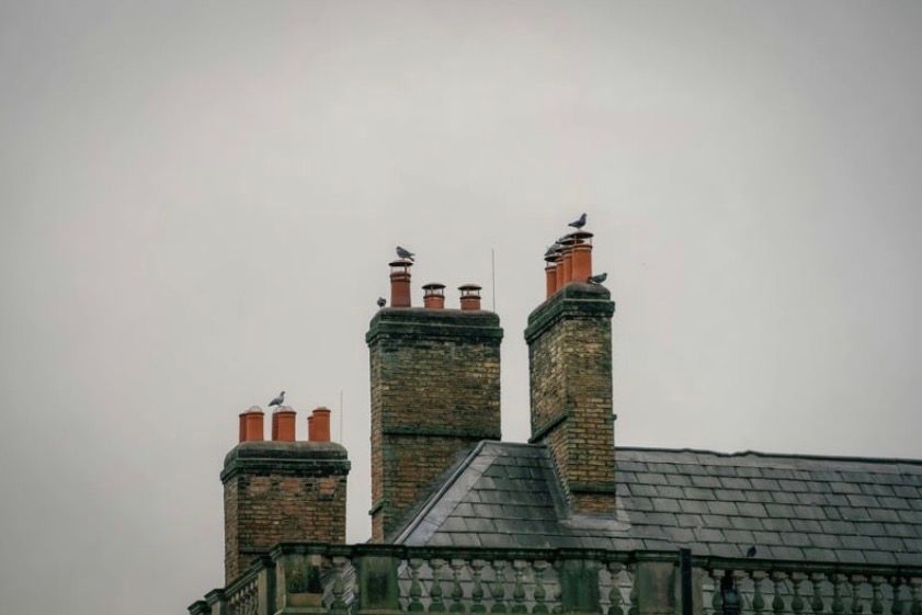 Row of brick chimneys on a slate-roofed house under a gray overcast sky