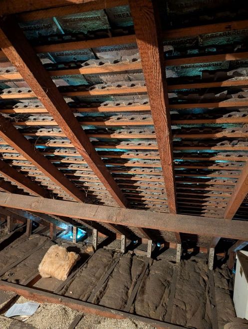 Underside of a roof with wooden beams and metal sheeting, showing damaged insulation and debris.