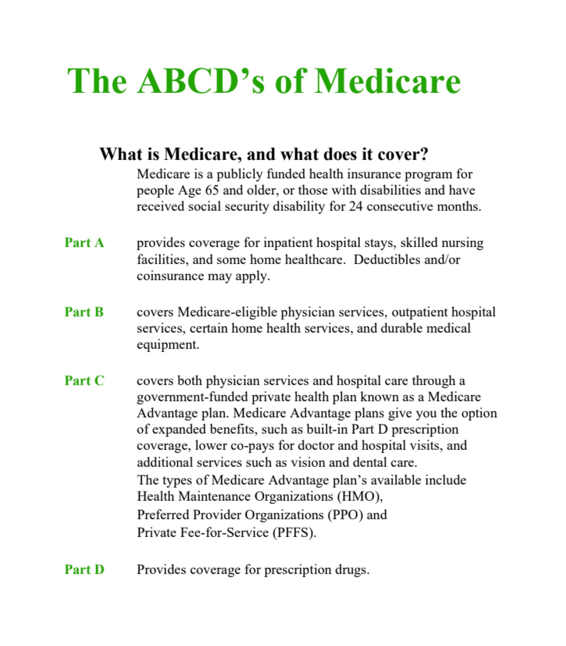 Guide to Medicare: breakdown of parts A, B, C, and D. Text on a white background.