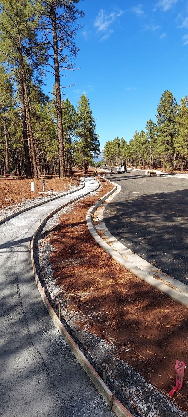 Curving gravel path, mulch beds, and asphalt road bordered by trees under a blue sky.