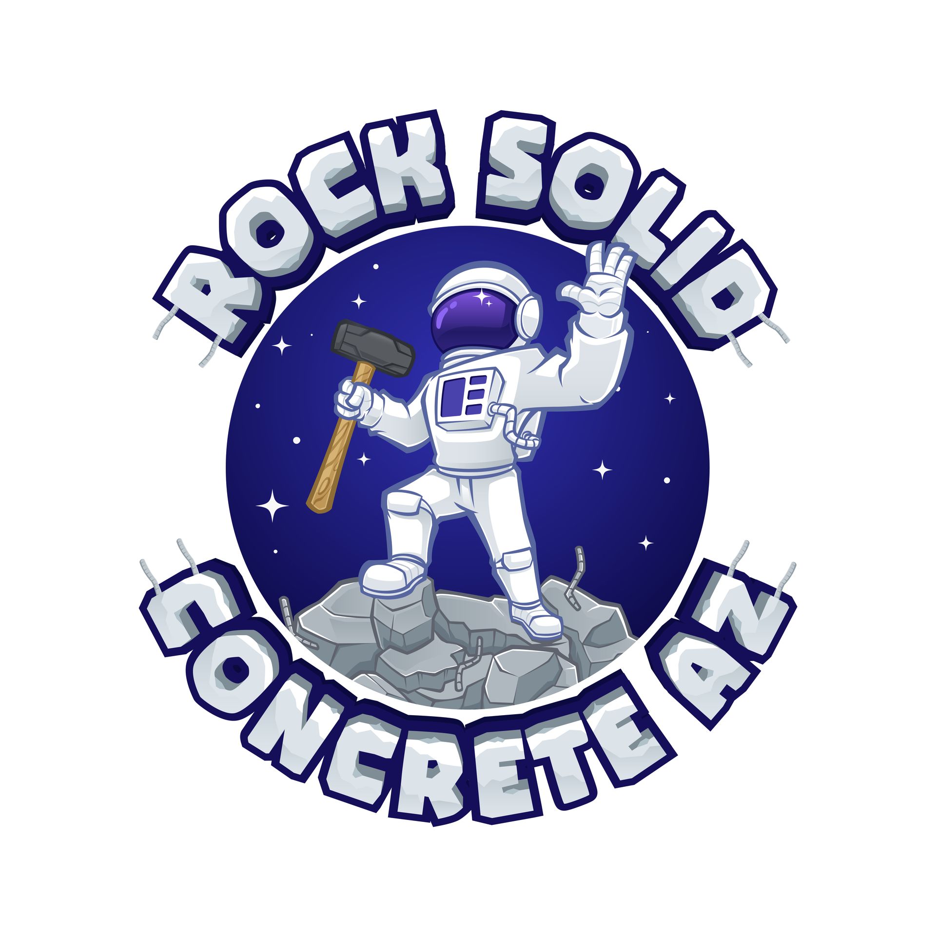 Astronaut on a rock pile holding a hammer, "Rock Solid Concrete AZ, LLC" in a circle.