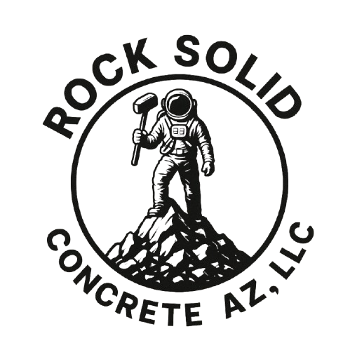 Astronaut on a rock pile holding a hammer, "Rock Solid Concrete AZ, LLC" in a circle.