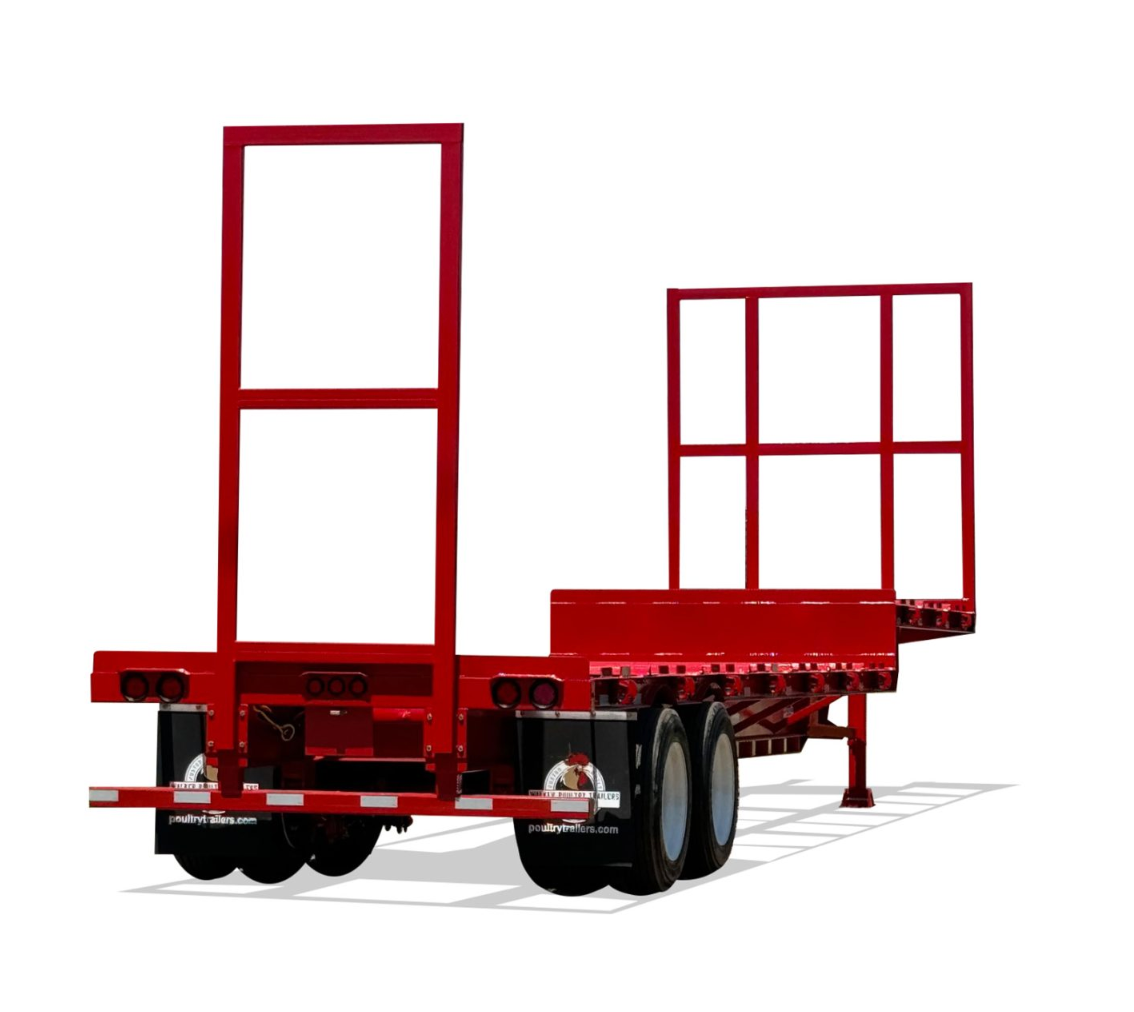 Red logging trailer with support frames, against a white background.