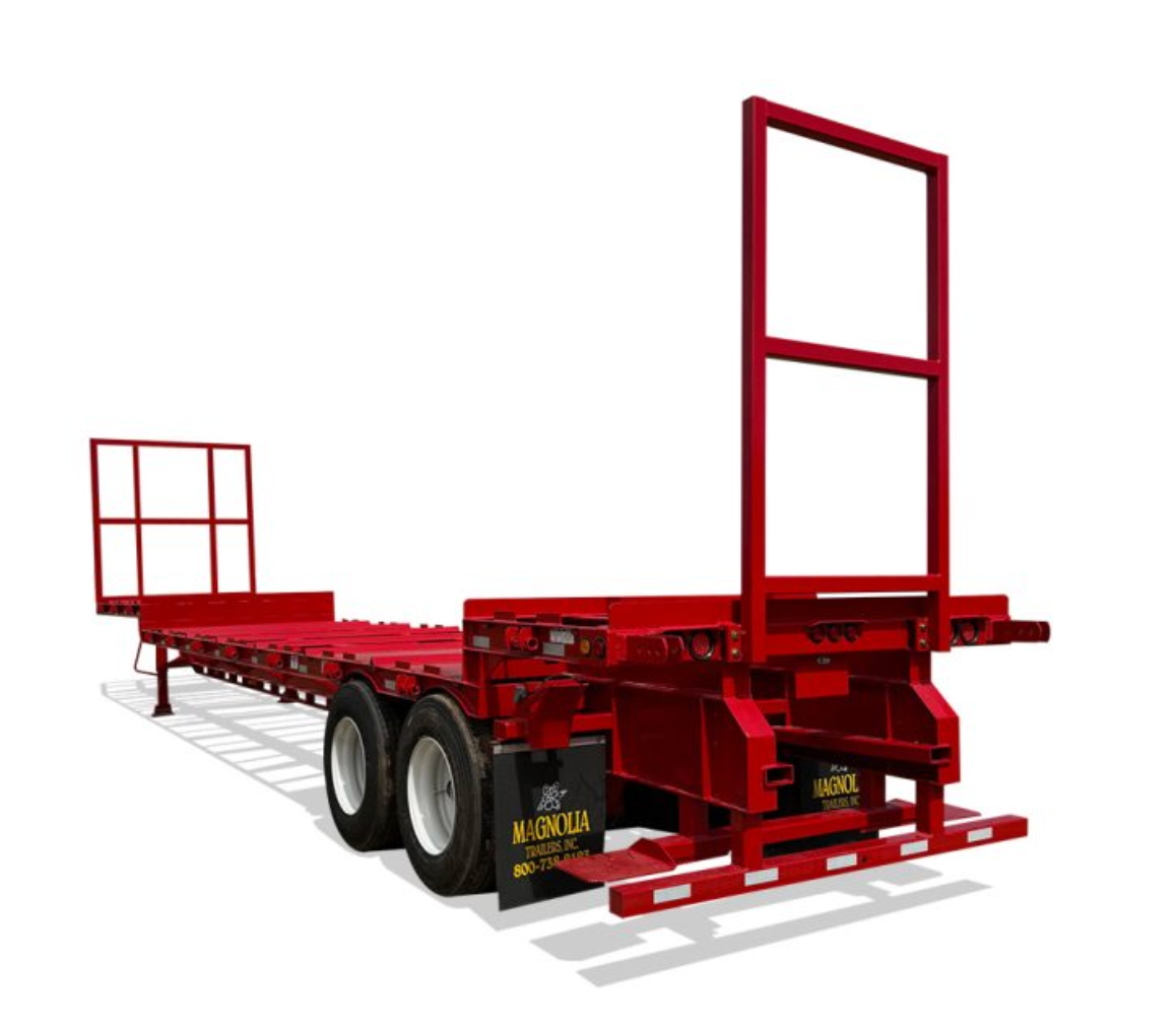 Red flatbed trailer with a tall headboard.