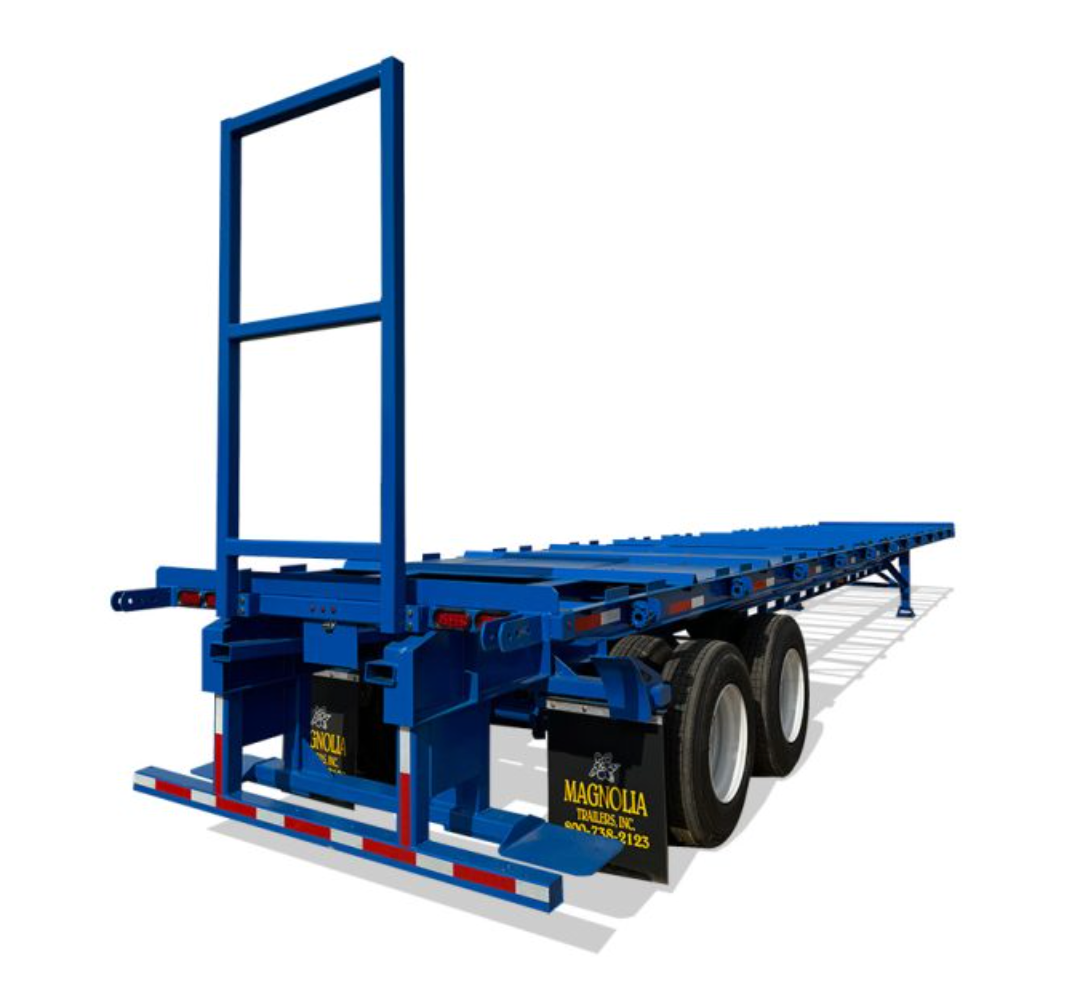 Blue flatbed semi-trailer with a rear vertical frame, white tires, on a white background.