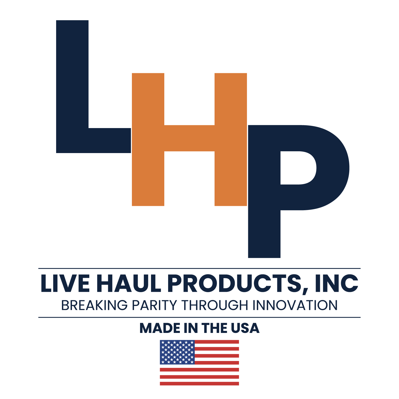 Logo for Live Haul Products, Inc. with blue and orange letters, tagline, and American flag graphic.